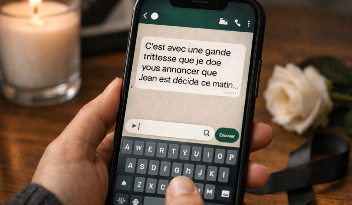 Main tenant un smartphone affichant un message d’annonce de décès sur WhatsApp, dans une ambiance sobre et recueillie avec bougie et rose blanche