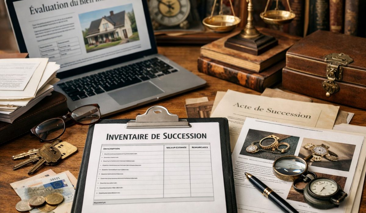 Bureau avec documents d’inventaire de succession, estimation immobilière, bijoux, clés et objets de valeur pour illustrer le prix et l’organisation d’une succession