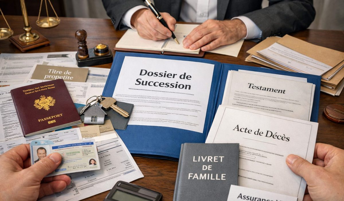 Pièces à apporter au notaire pour ouvrir une succession avec dossier de succession, testament, acte de décès, livret de famille et documents administratifs