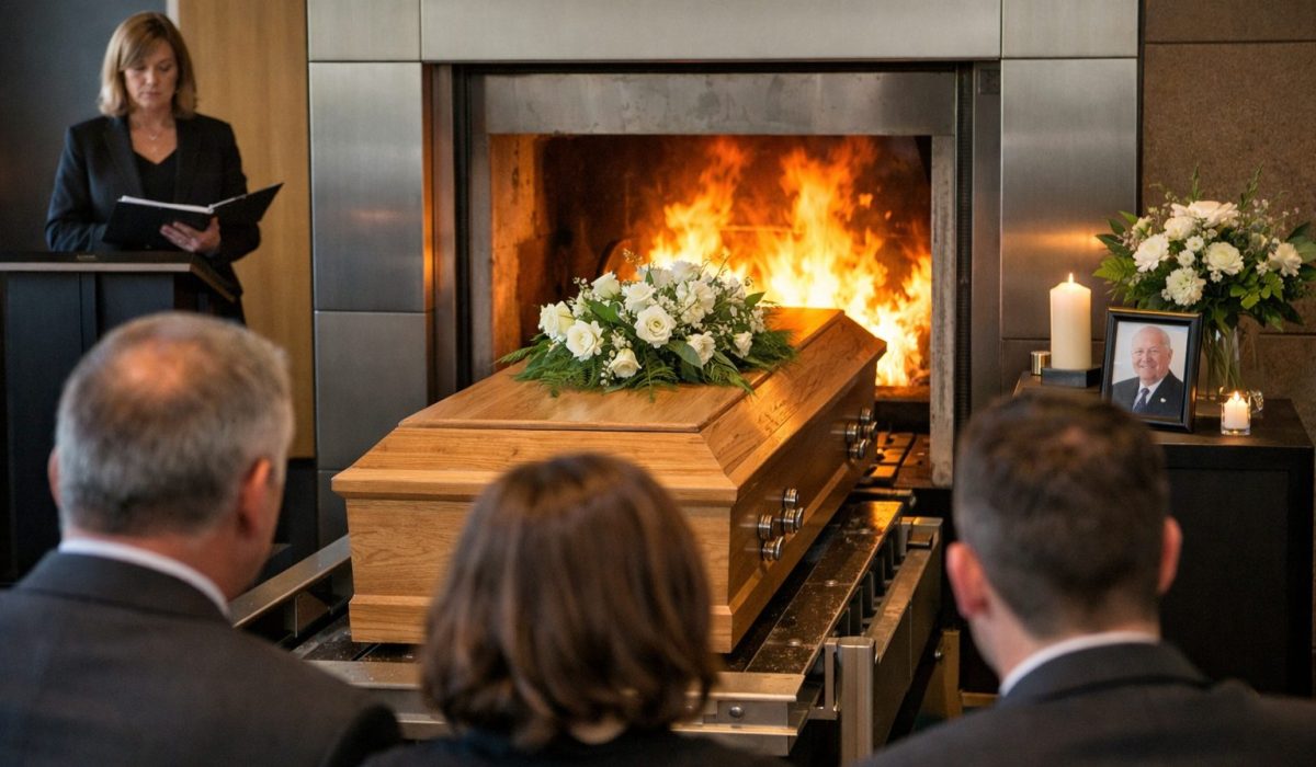Cérémonie de crémation avec proches en recueillement dans un crématorium moderne