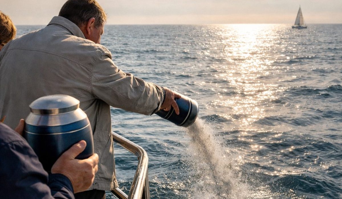 Dispersion des cendres en mer lors d’une cérémonie funéraire en bateau au large, avec urne, proches et fleurs flottant sur l’eau