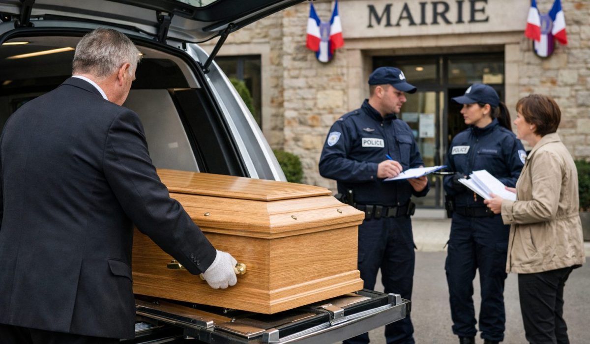 Transport du corps après la mise en bière devant une mairie en France avec cercueil, corbillard et formalités administratives