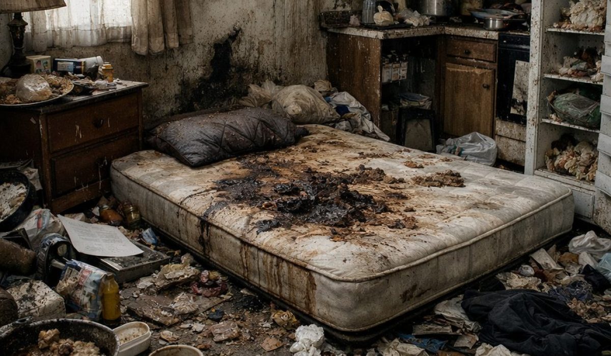 Logement insalubre après décès avec matelas souillé, déchets accumulés, moisissures murales et cuisine fortement dégradée
