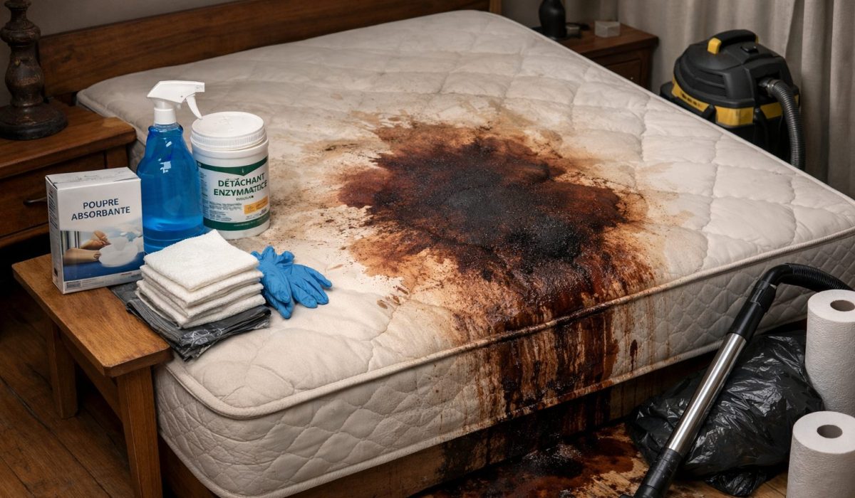 Traces ayant traversé un matelas après décès avec matériel de nettoyage spécialisé dans une chambre