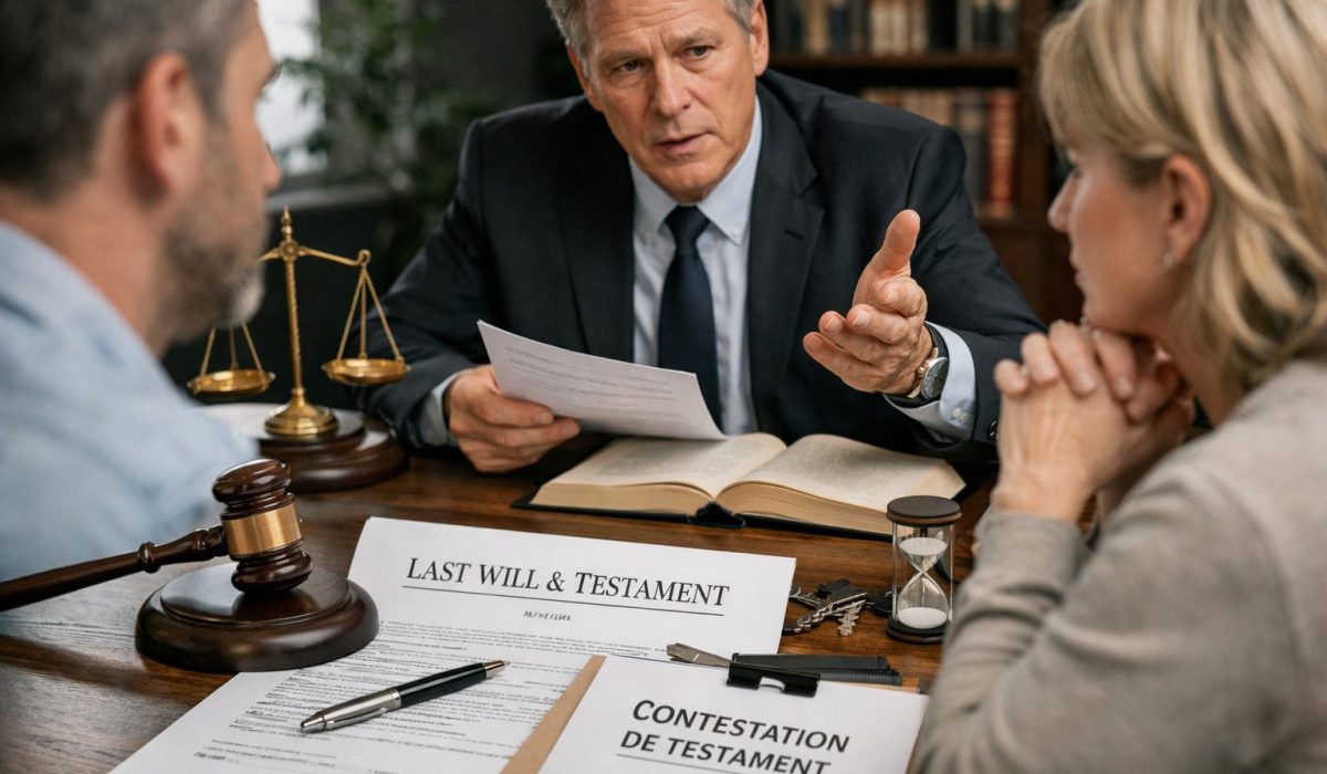 Avocat expliquant à un couple comment contester un testament en France, avec documents juridiques, marteau de juge et dossier de succession sur un bureau