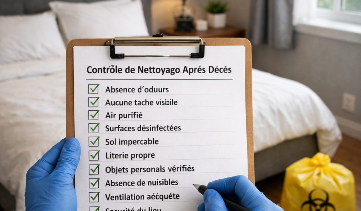 Contrôle visuel d’une chambre saine après un nettoyage après décès avec checklist de vérification et surfaces propres