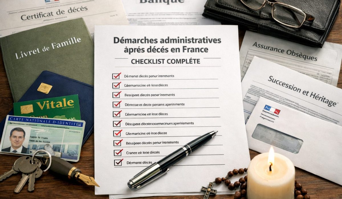 Checklist des démarches administratives après décès en France avec documents officiels, livret de famille, carte Vitale et dossier de succession