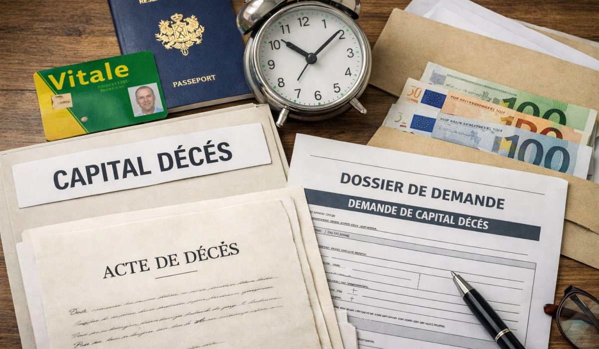 Documents nécessaires pour demander le capital décès en France, avec dossier de demande, acte de décès, carte Vitale, passeport, enveloppes et horloge symbolisant le délai de demande