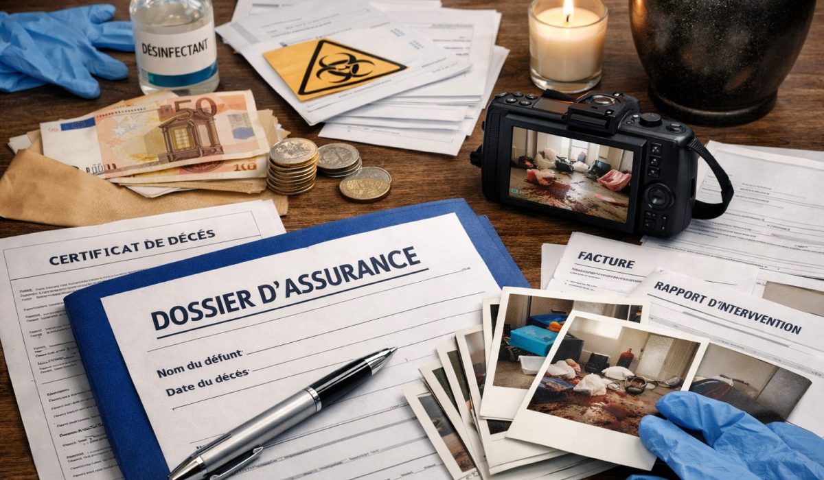 Documents pour dossier d’assurance après nettoyage après décès sur un bureau avec facture, rapport d’intervention et photos justificatives