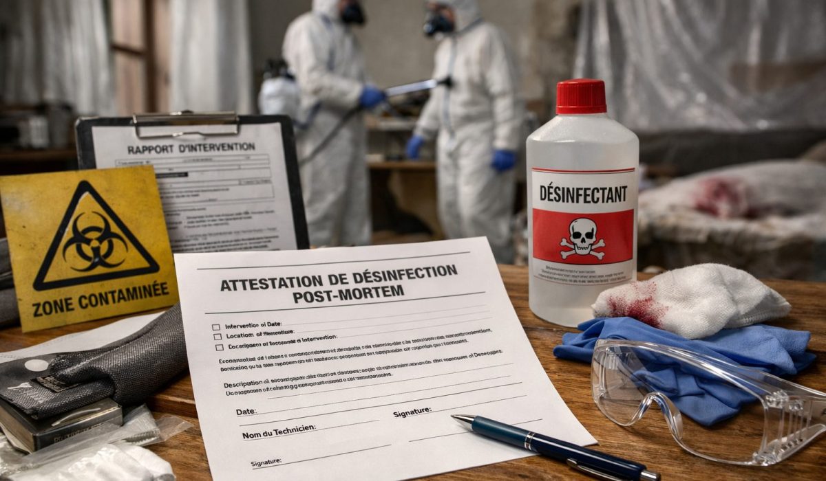 Attestation après désinfection post-mortem avec techniciens en tenue de protection dans un logement en cours de décontamination