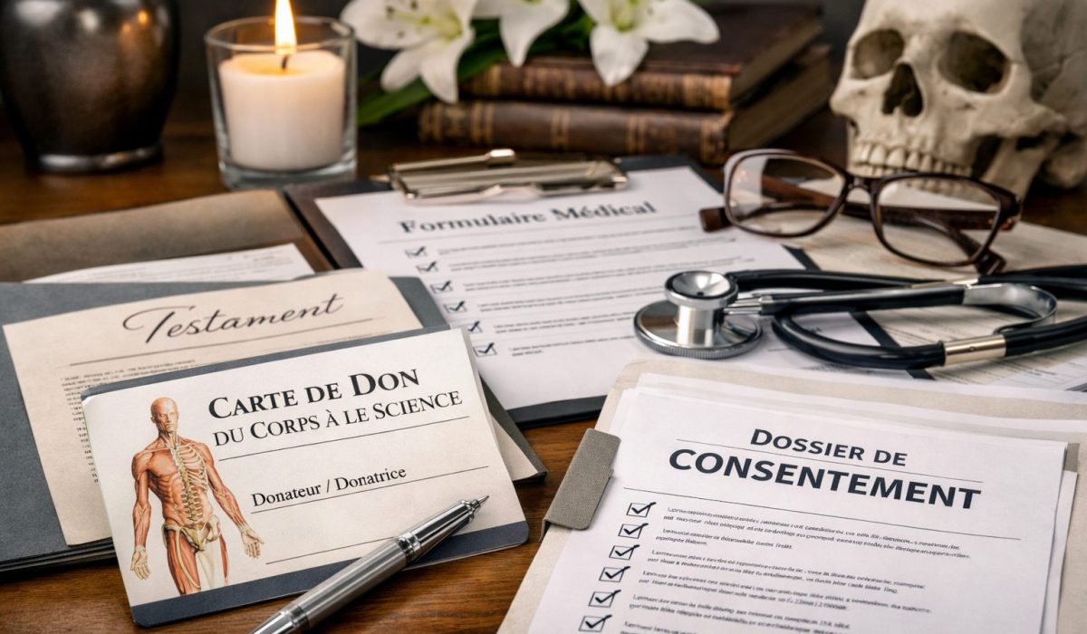 Documents de donation du corps à la science posés sur un bureau avec dossier de consentement, carte de don, stéthoscope et crâne anatomique.