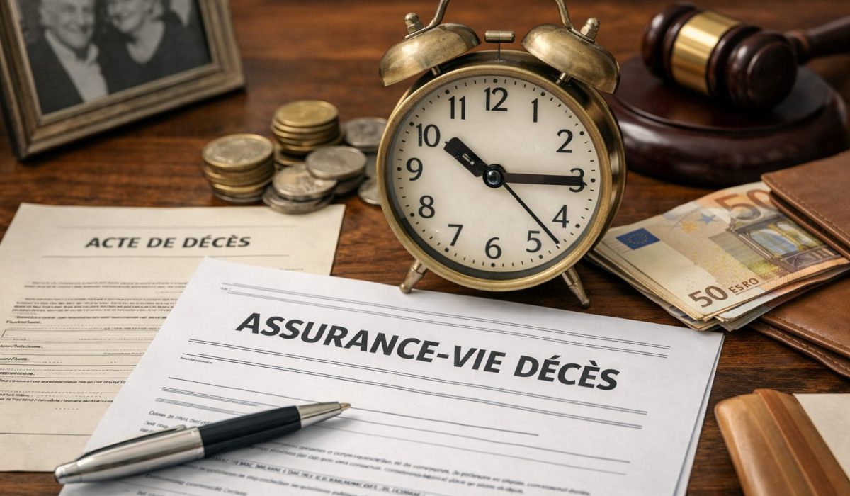 Documents liés au versement d’une assurance-vie après décès avec horloge, acte de décès, argent en euros et dossier administratif