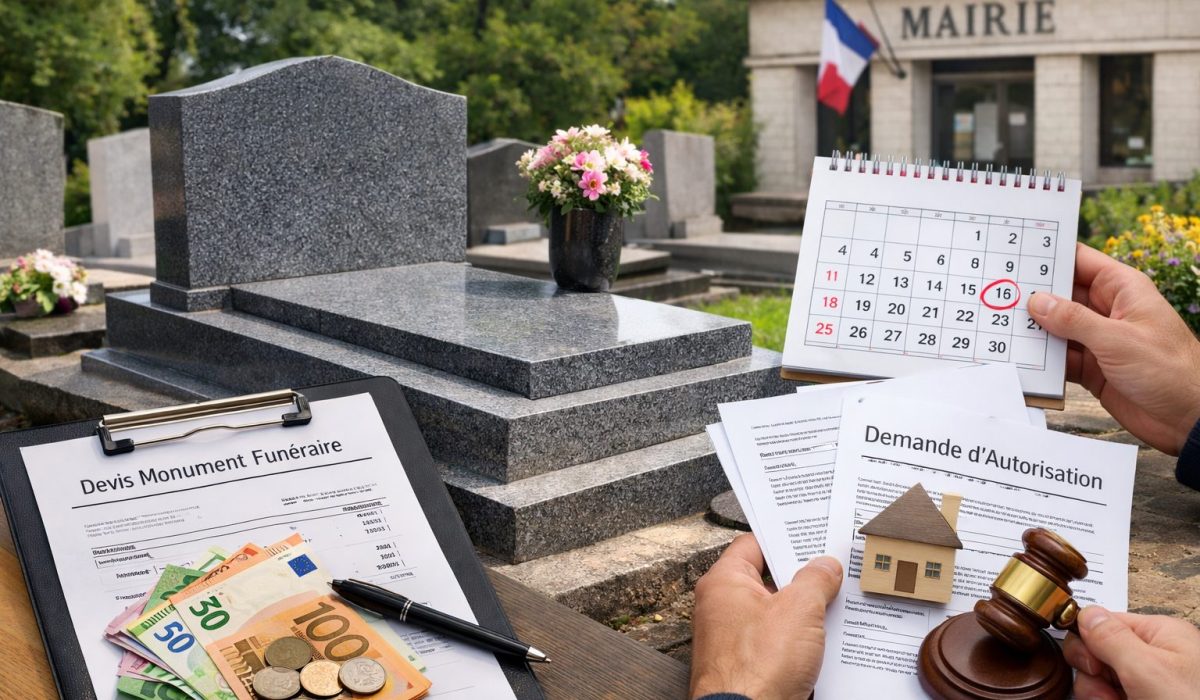 Monument funéraire en granit dans un cimetière avec devis, calendrier de pose et documents d’autorisation en mairie