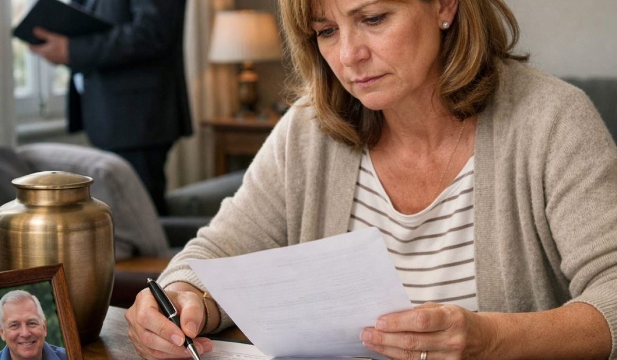 Conjointe survivante examinant des documents de bail après un décès dans le logement familial