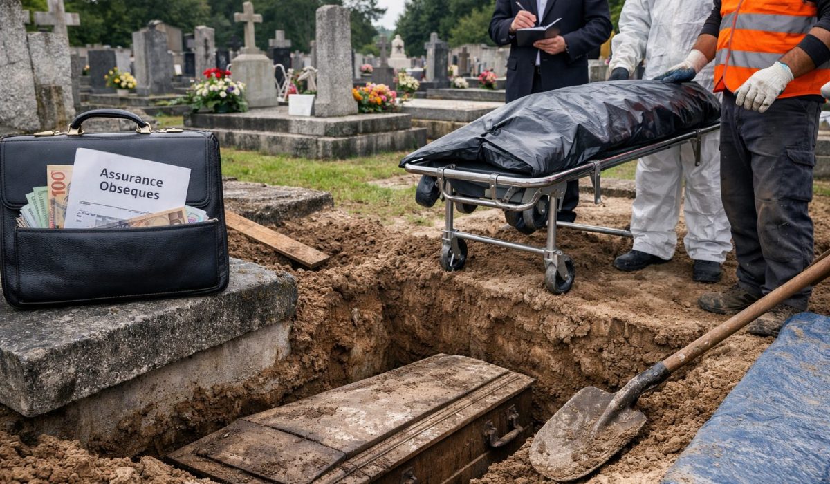 Exhumation dans un cimetière avec intervenants funéraires, tombe ouverte et mise en avant du coût de l’exhumation et de sa prise en charge