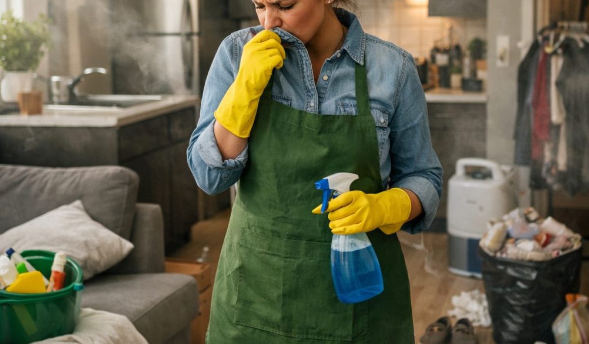 Femme en train de nettoyer un logement qui sent encore mauvais après plusieurs nettoyages, avec produits ménagers, poubelle et litière visibles
