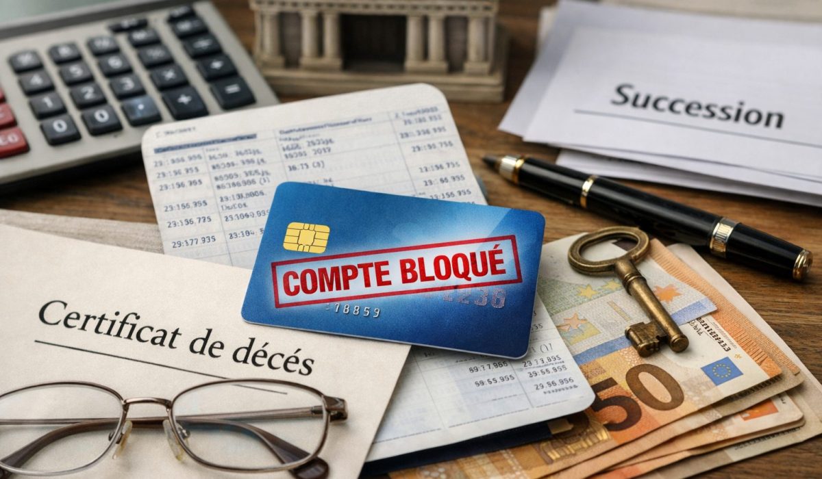 Compte bancaire bloqué après décès avec documents de succession, certificat de décès, carte bancaire, billets en euros et dossier successoral