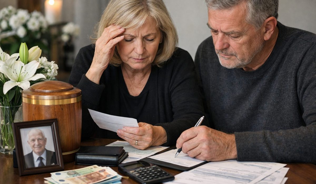 Couple âgé examinant les frais d’obsèques et des documents bancaires pour payer les funérailles avec le compte du défunt