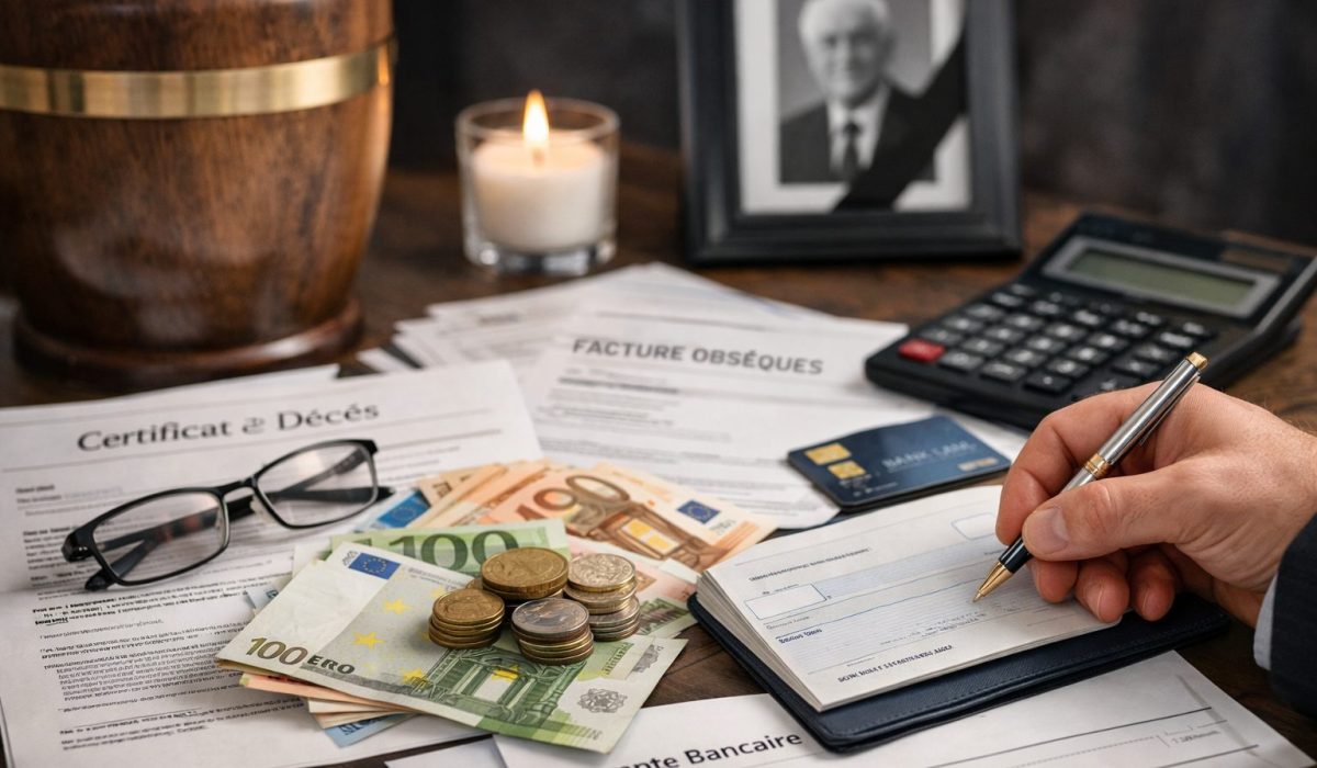 Documents bancaires, facture d’obsèques, chèque et billets en euros illustrant le paiement des frais d’obsèques avec le compte bancaire du défunt dans la limite du plafond autorisé.