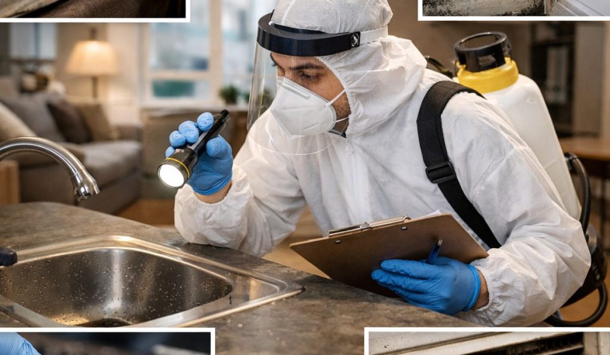Technicien en tenue de protection vérifiant un logement pour déterminer si une désinfection complète est nécessaire