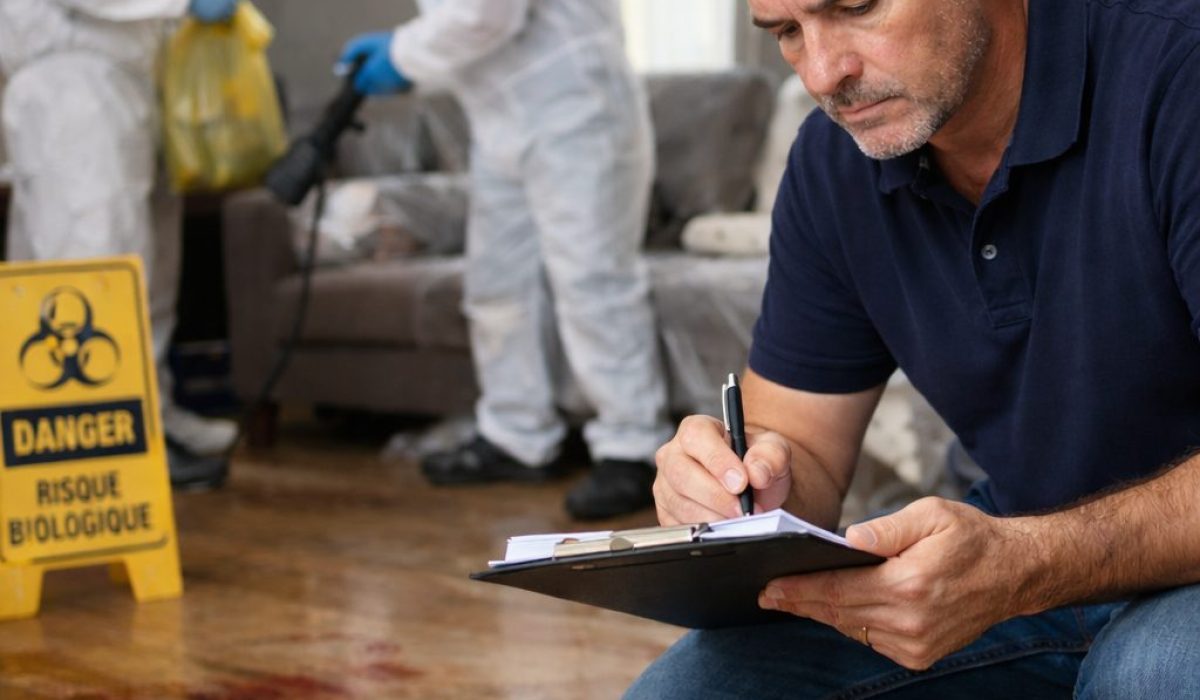 Expert contrôlant la qualité d’une intervention après décès dans un logement désinfecté par une équipe spécialisée