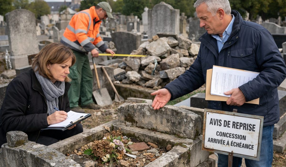 Concession funéraire échue dans un cimetière avec proches et agent communal vérifiant la tombe avant son renouvellement