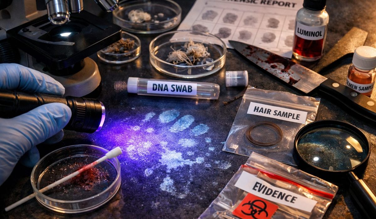Illustration ultra réaliste d’une analyse forensique montrant des outils d’investigation et des traces biologiques invisibles à l’œil nu