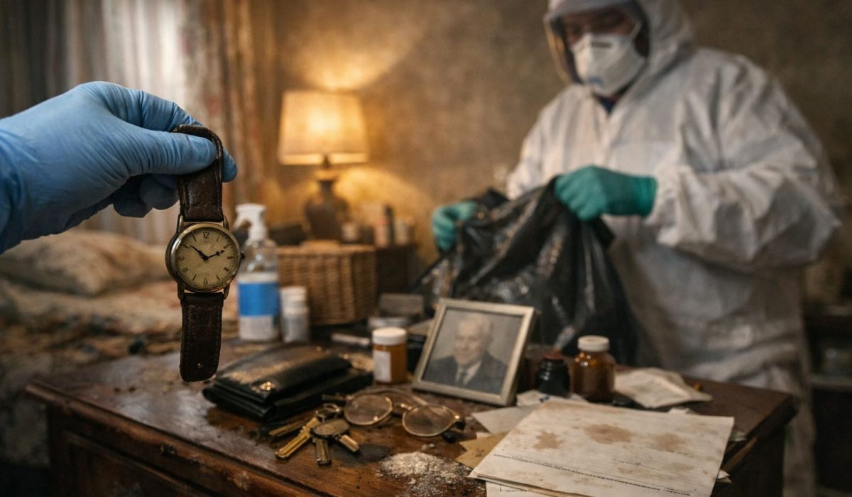 Personne équipée de protections sanitaires récupérant des objets personnels après décès pour limiter les risques infectieux