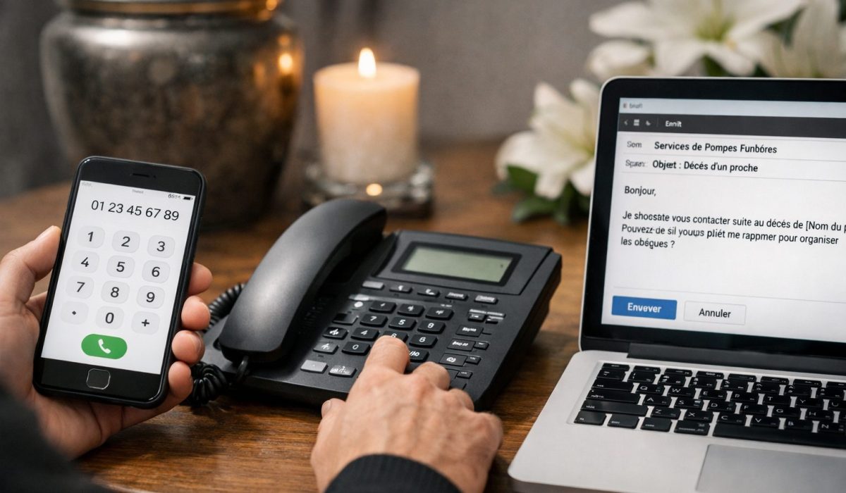 Illustration réaliste de trois solutions pour contacter les pompes funèbres après un décès par téléphone, appel fixe et ordinateur portable
