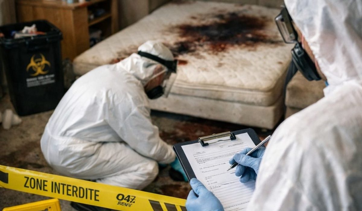 Technicien spécialisé en combinaison de protection réalisant un devis gratuit pour un nettoyage après décès dans un logement