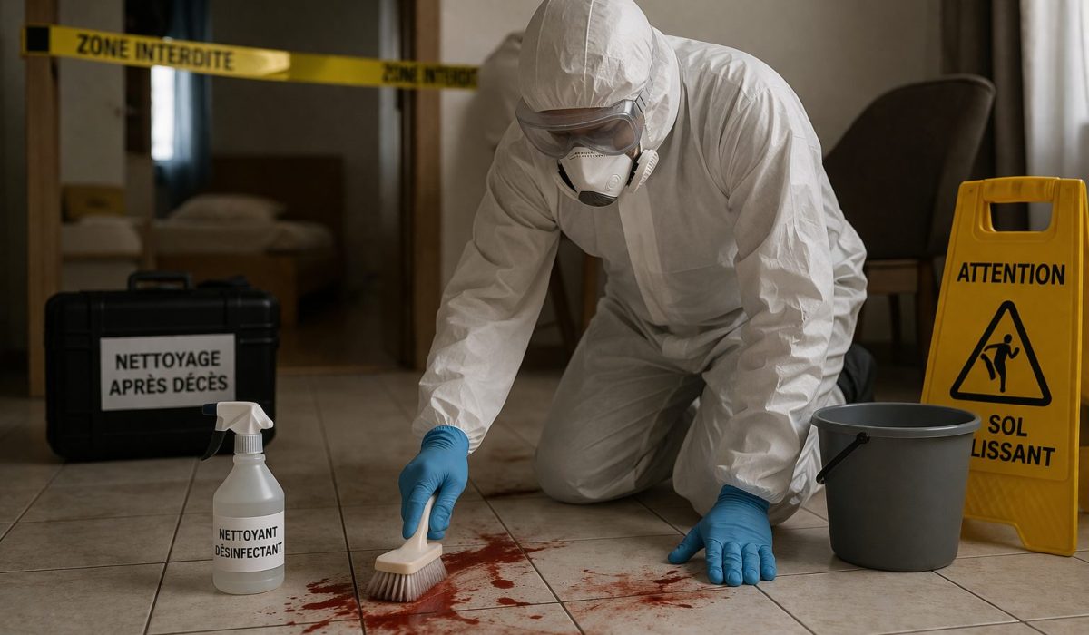 Technicien en tenue de protection nettoyant un sol carrelé après décès avec matériel de désinfection