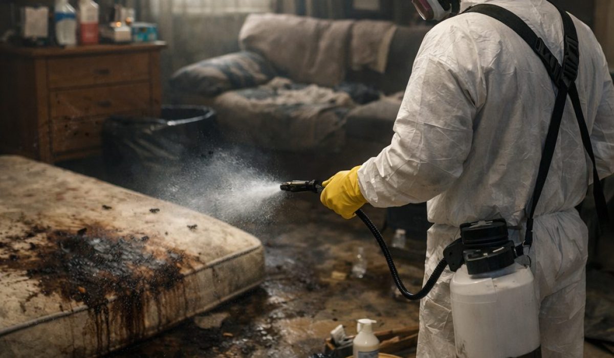 Technicien en tenue de protection réalisant un nettoyage technique pour supprimer une odeur de décomposition après décès dans un logement