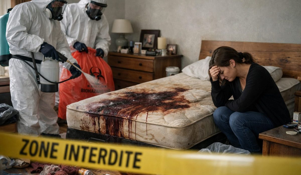 Intervention de nettoyage après décès dans une chambre avec équipe spécialisée en décontamination et assainissement du logement