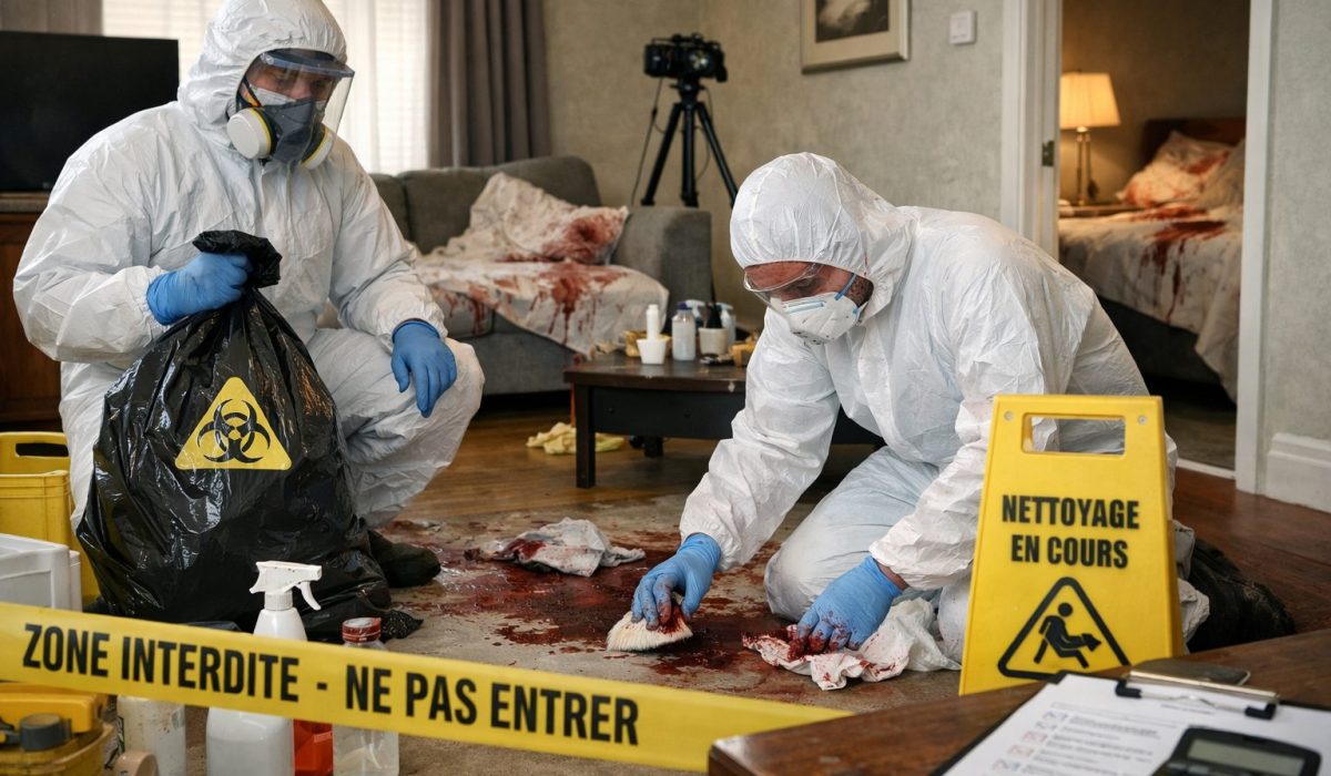 Intervention professionnelle de nettoyage après décès dans un logement avec agents équipés de protections sanitaires