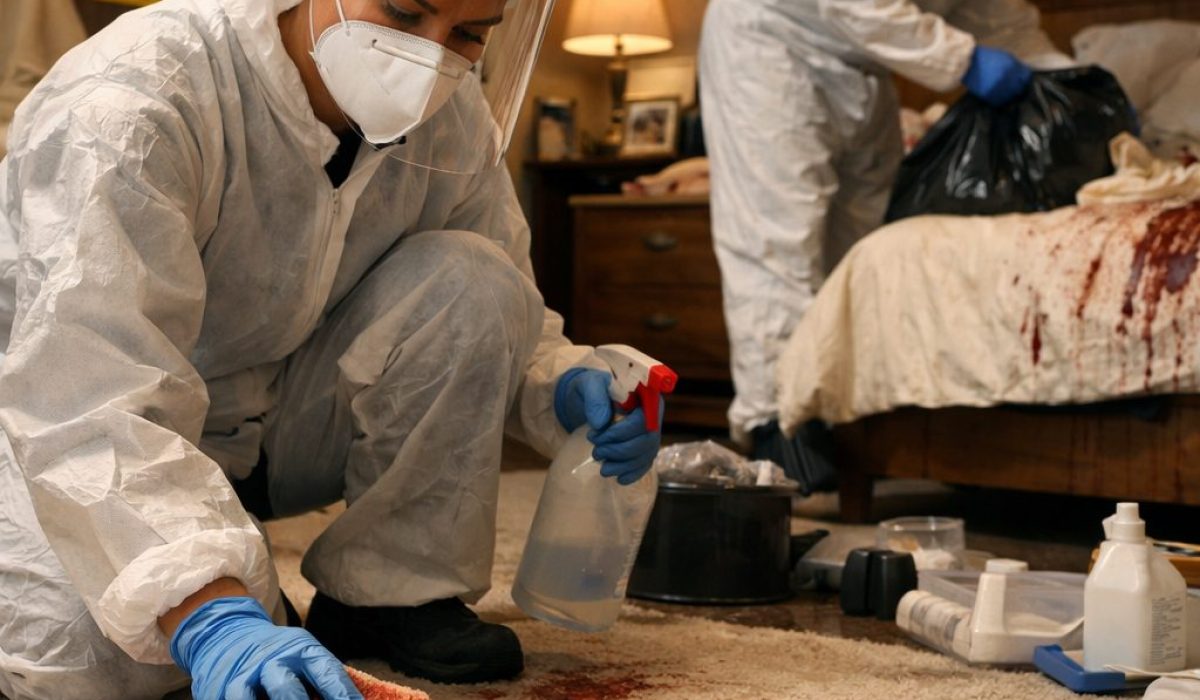 Équipe de professionnels en combinaison de protection réalisant un nettoyage après décès dans une chambre