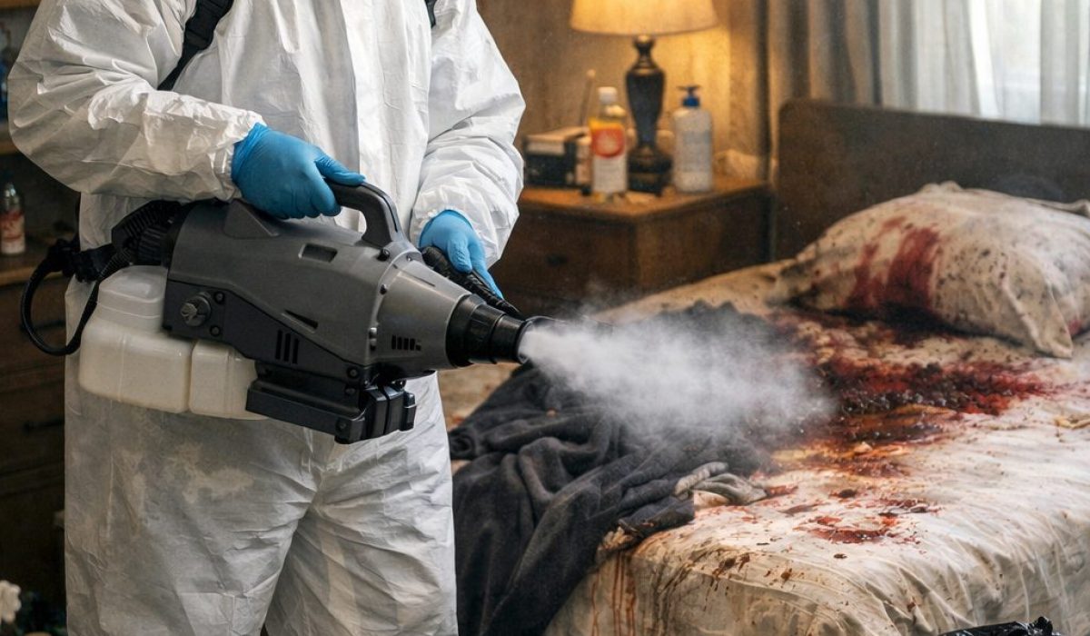 Technicien en combinaison de protection réalisant une désinfection après décès dans une maison
