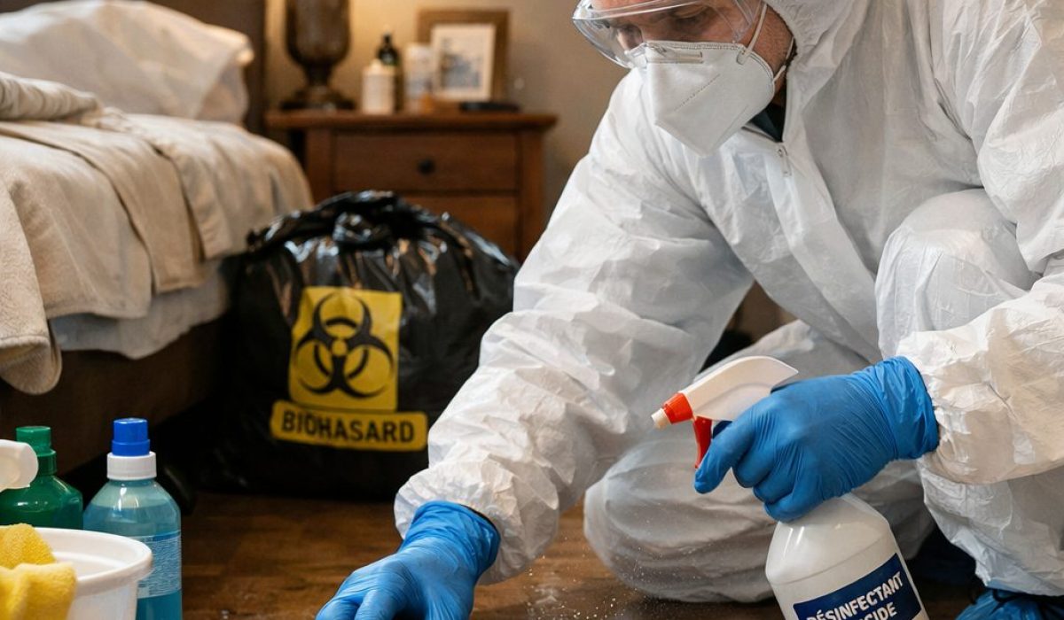 Personne en tenue de protection désinfectant une chambre après un décès naturel