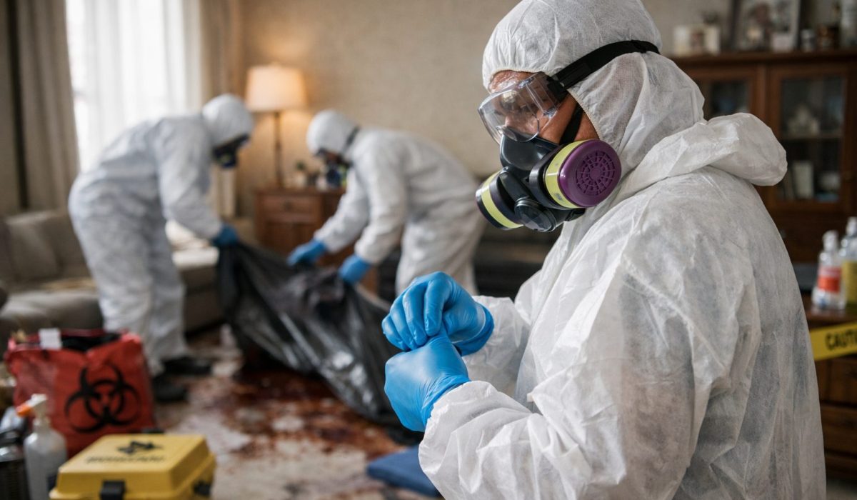Professionnel du nettoyage après décès portant une combinaison de protection, des gants, un masque respiratoire et des lunettes dans un logement en cours d’intervention