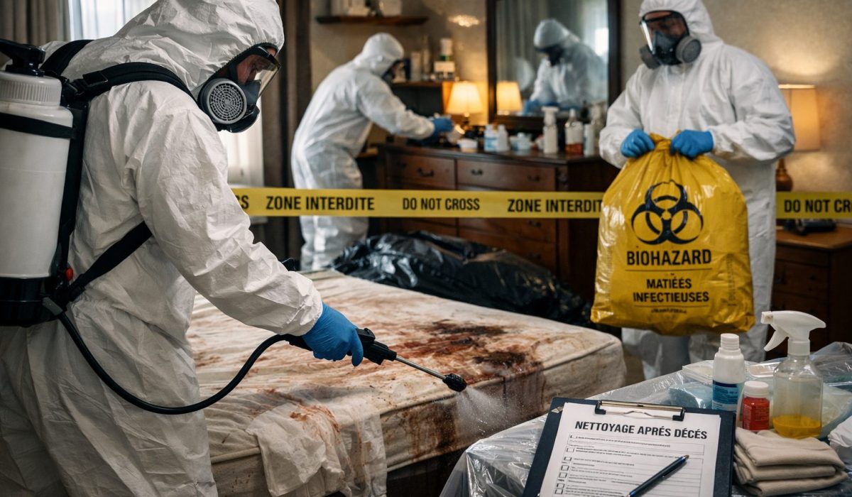 Équipe spécialisée en désinfection après décès intervenant dans une chambre pour nettoyer et assainir une zone contaminée