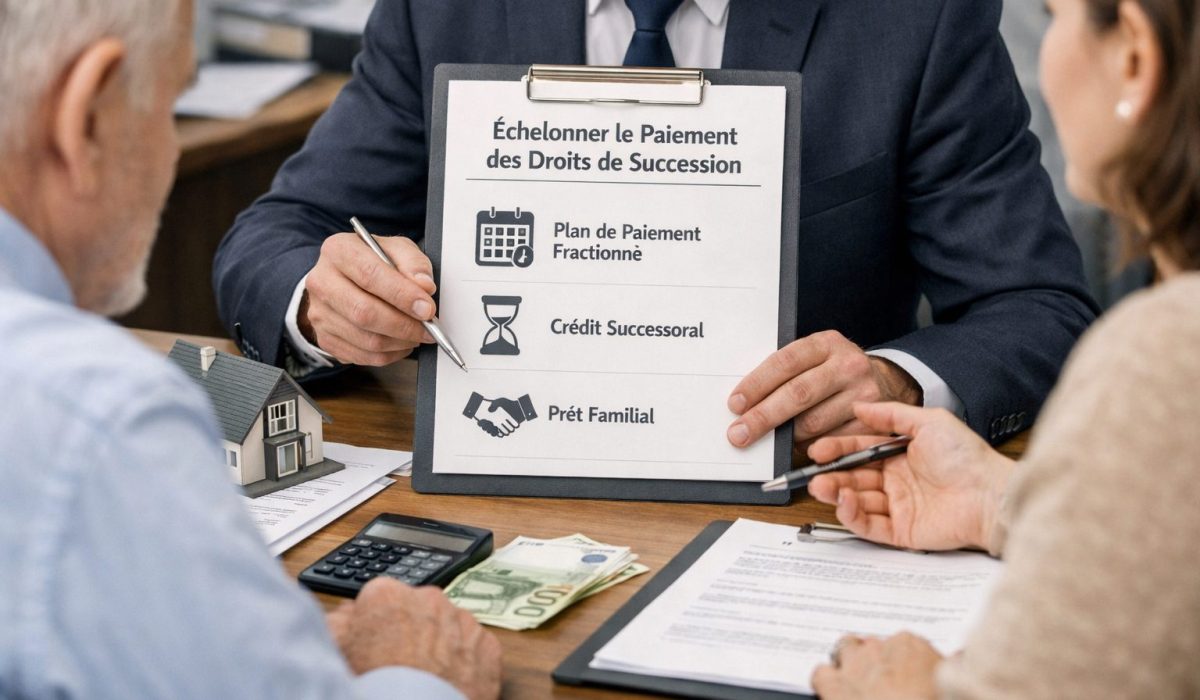 Conseiller patrimonial présentant trois solutions pour échelonner le paiement des droits de succession à deux héritiers lors d’un rendez-vous