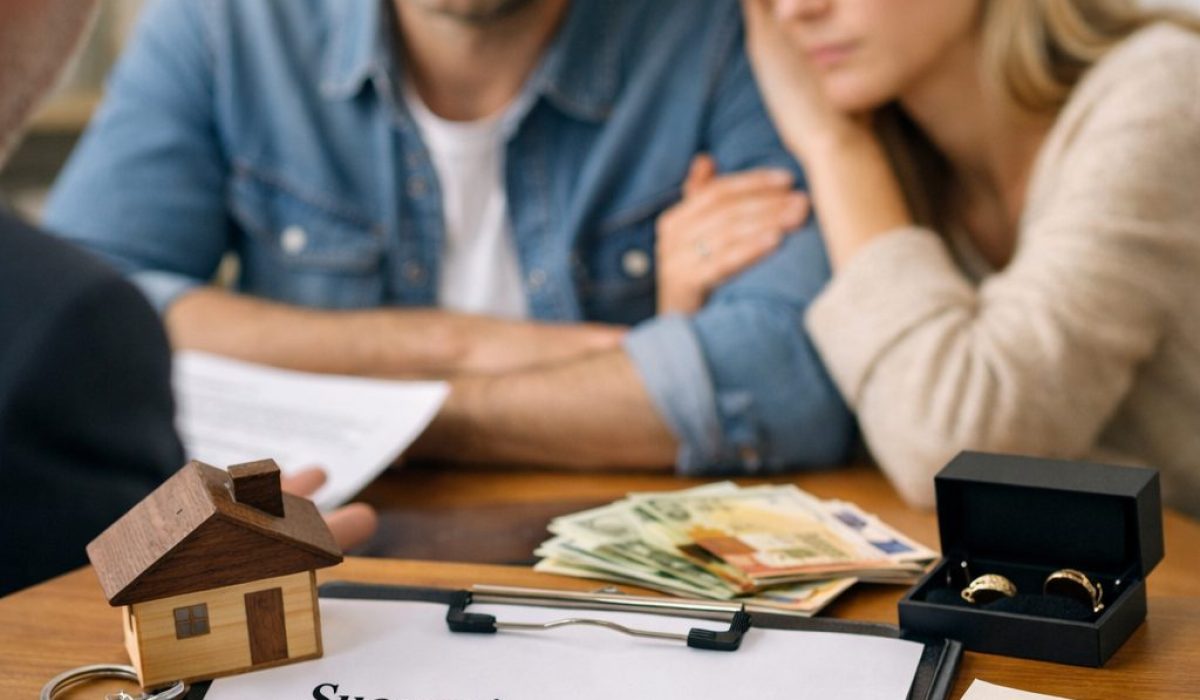 Couple en consultation pour préparer une succession en concubinage avec testament, clés de maison et documents d’héritage