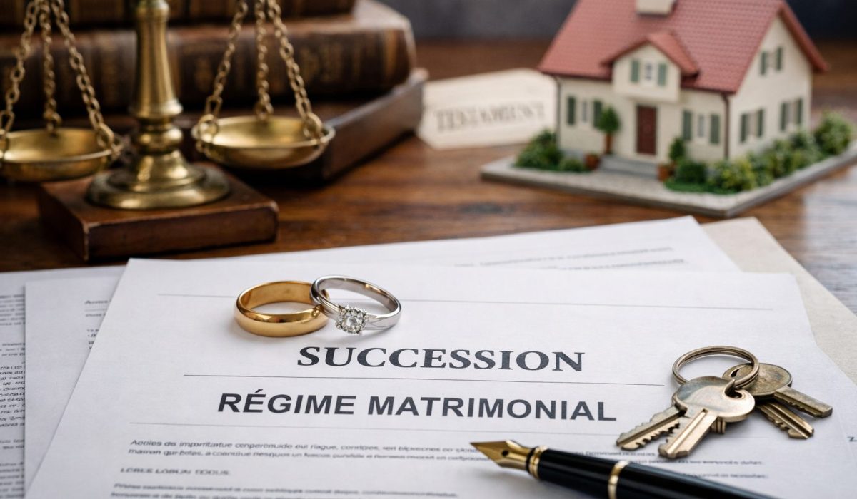 Documents juridiques sur la succession et le régime matrimonial avec alliances, clés, stylo et maquette de maison