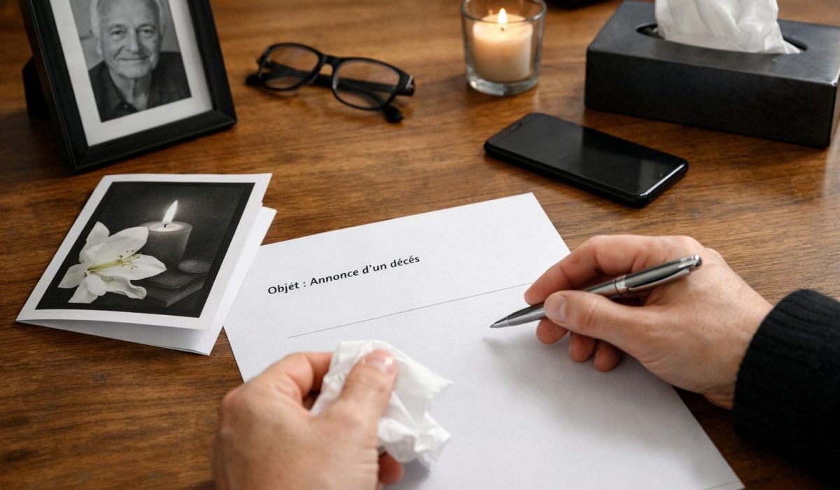 Personne rédigeant un courrier pour annoncer un décès à son employeur sur un bureau avec bougie, téléphone et photo souvenir