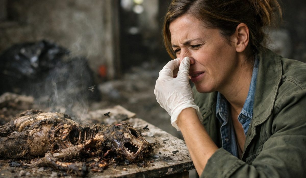 Femme se bouchant le nez face à une odeur de décomposition dans un lieu insalubre, illustration ultra réaliste des risques sanitaires liés aux odeurs de putréfaction