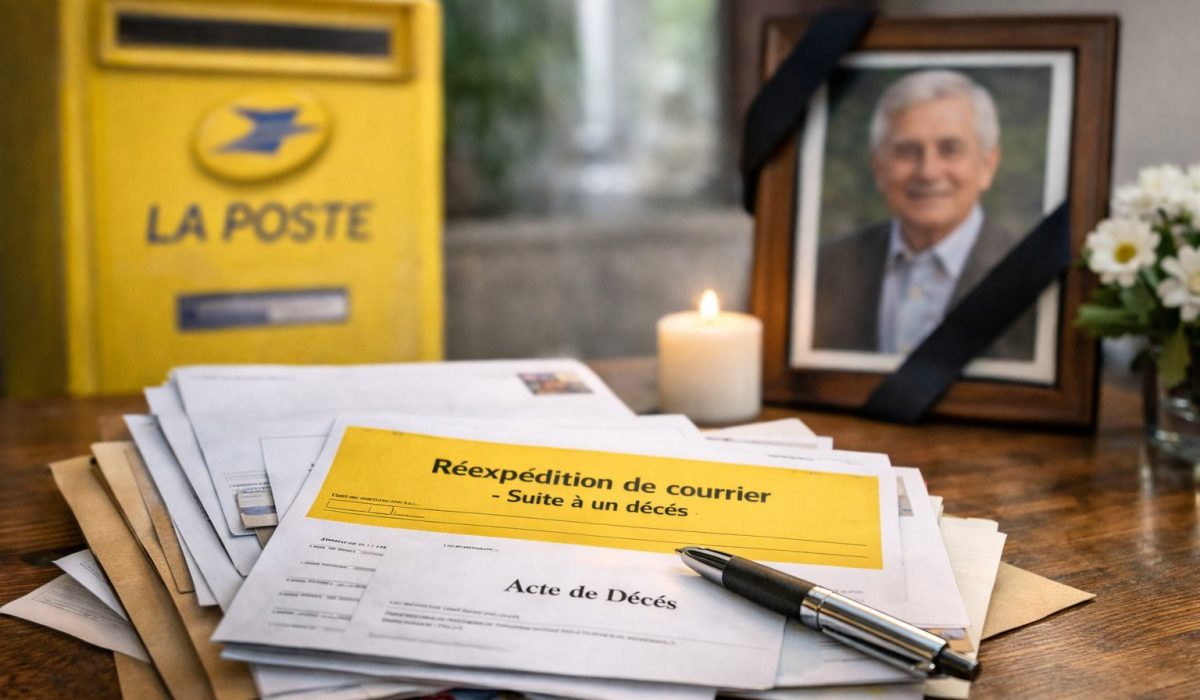 Faire suivre le courrier après décès avec un service de réexpédition La Poste, lettres administratives et dossier de succession sur une table