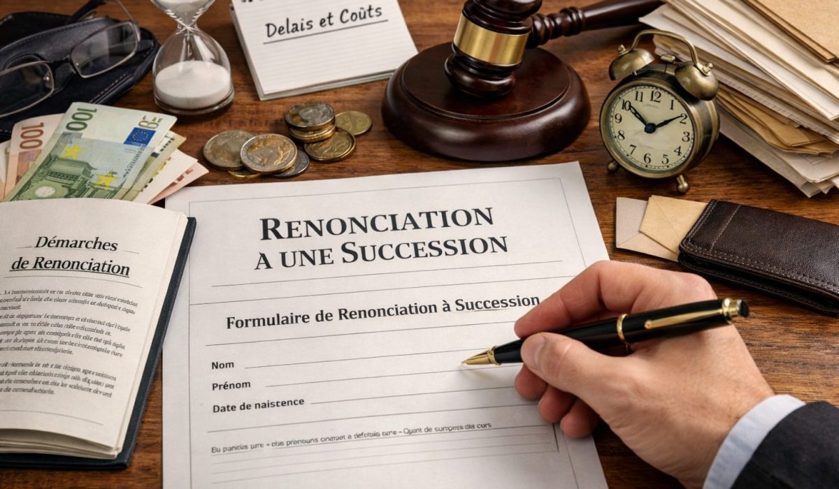 Renonciation à une succession avec formulaire, documents juridiques, délai et coût sur un bureau