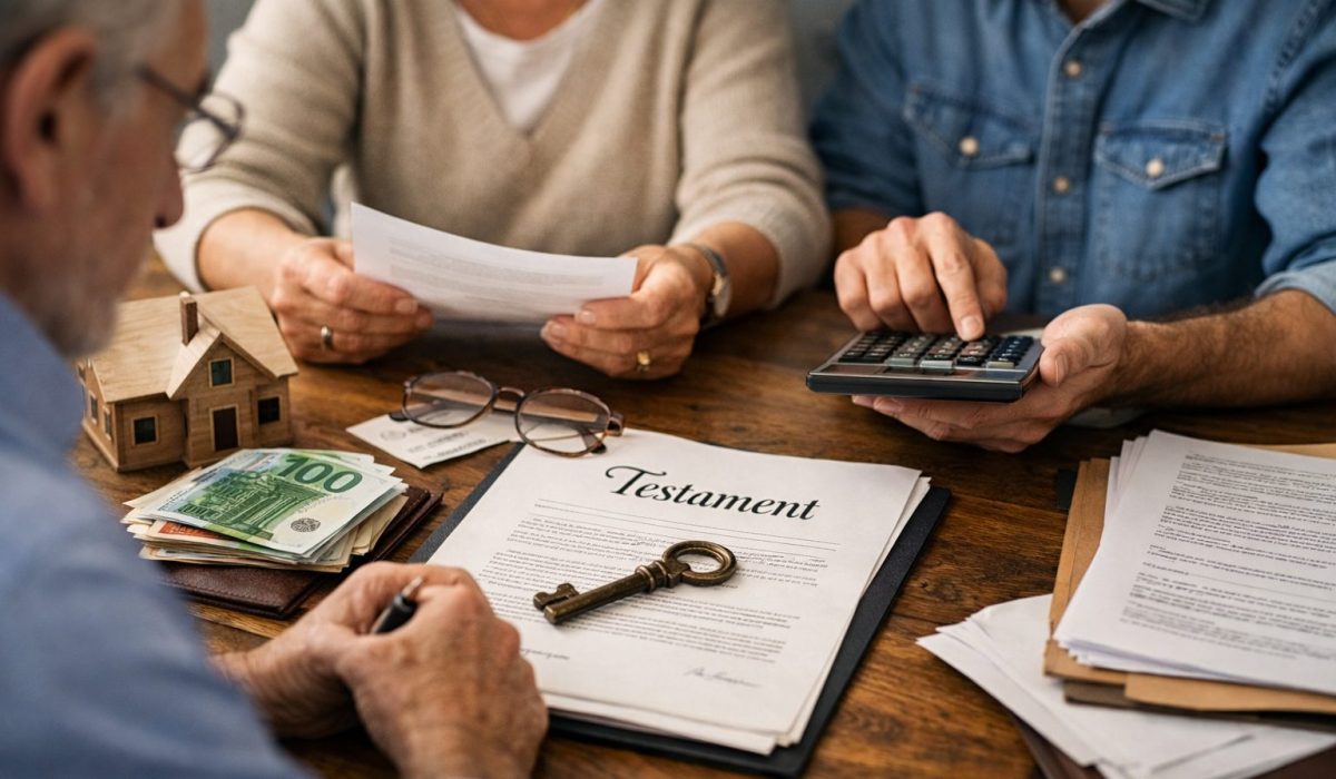 Héritiers réunis autour de documents de succession, d’une clé, d’une maison miniature et de billets en euros pour illustrer les démarches d’une succession sans notaire