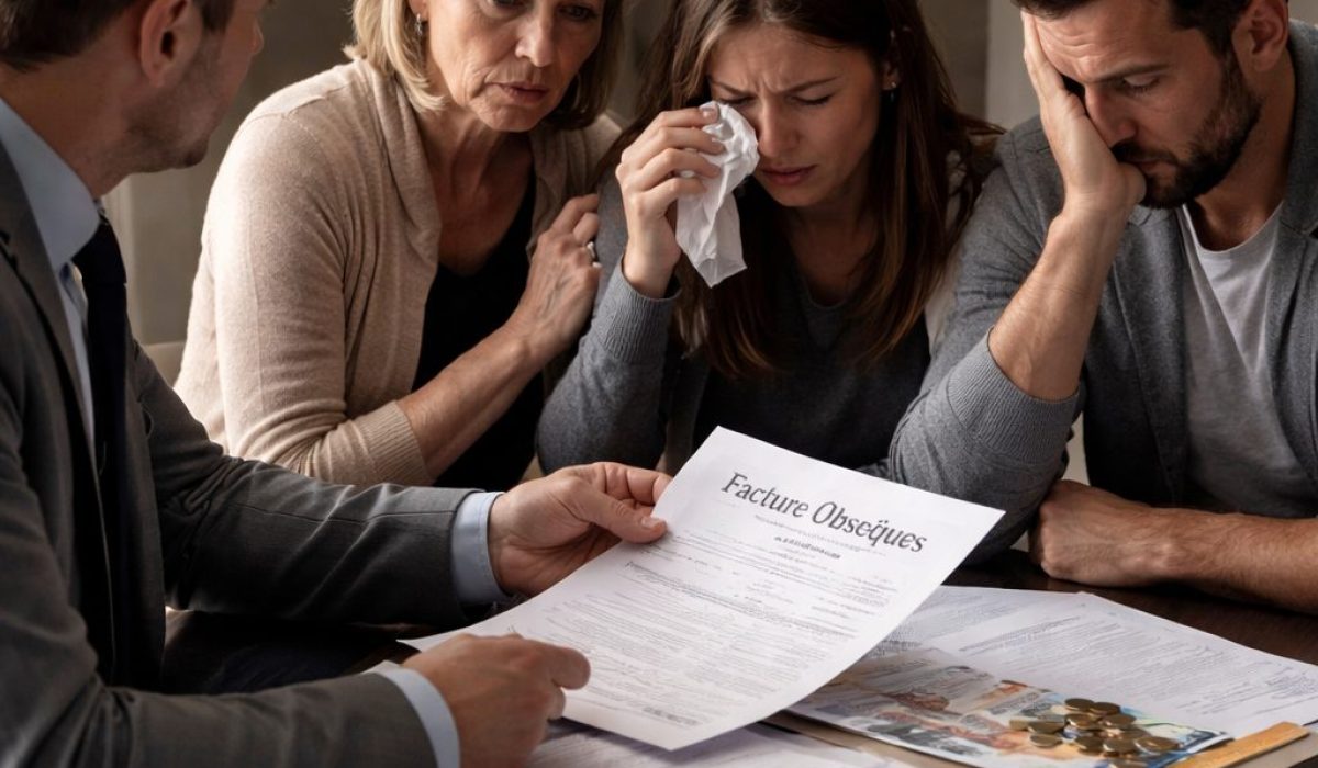 Famille en deuil avec un conseiller funéraire cherchant qui paie les obsèques si la famille n’a pas d’argent