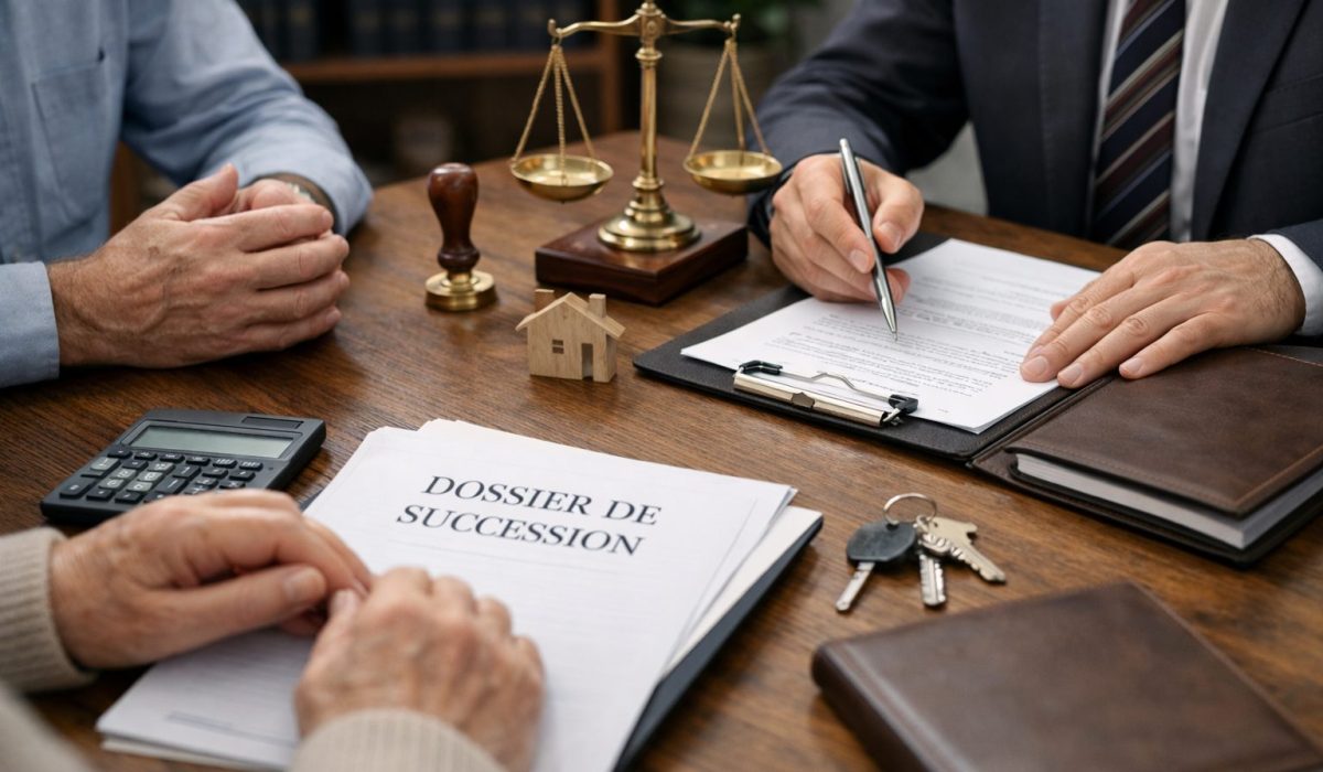 Choisir un notaire pour une succession lors d’un rendez-vous avec documents, calculatrice et clés sur un bureau