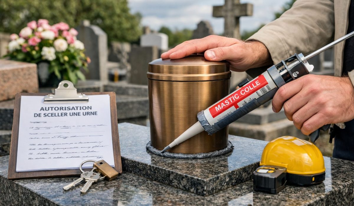 Scellement d une urne funéraire sur un monument dans un cimetière avec document d autorisation